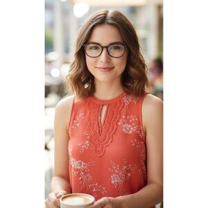 2/$35 Danielrainn Crochet Keyhole Floral Sleeveless Blouse Women M